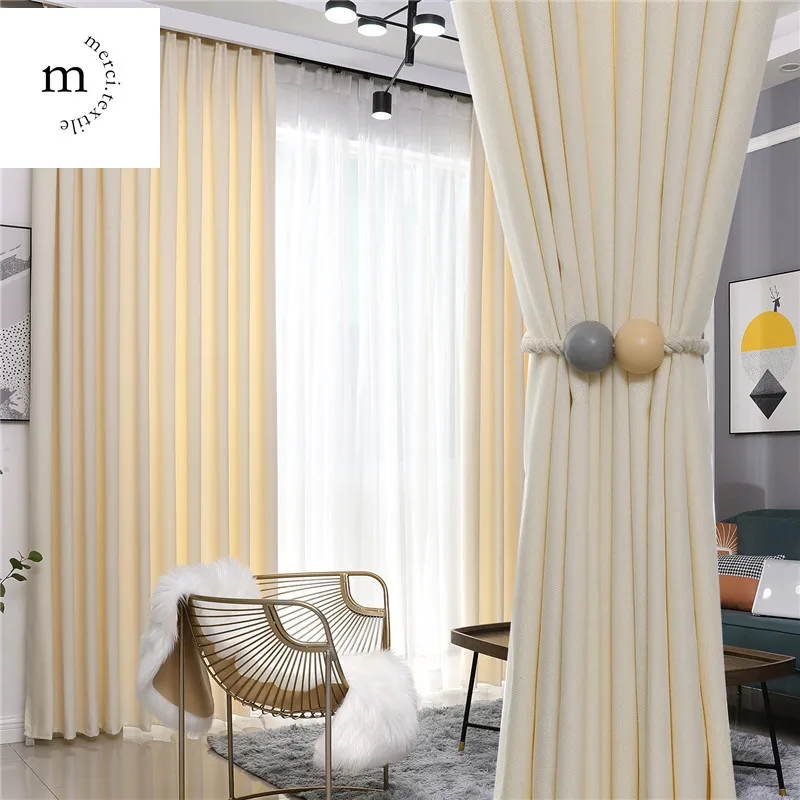 

Nordic Curtains for Living Room Dining Bedroom Custom Luxury Modern Alpaca Cream Pure Color Window Curtain Shading Soundproofing