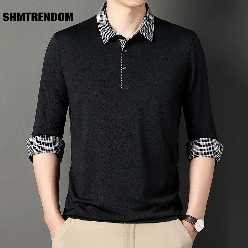 

SSHMTRENDOM новые модные брендовые мужские однотонные рубашки поло для мужчин осень и весна повседневные дизайнерские Топы с длинным рукавом му...