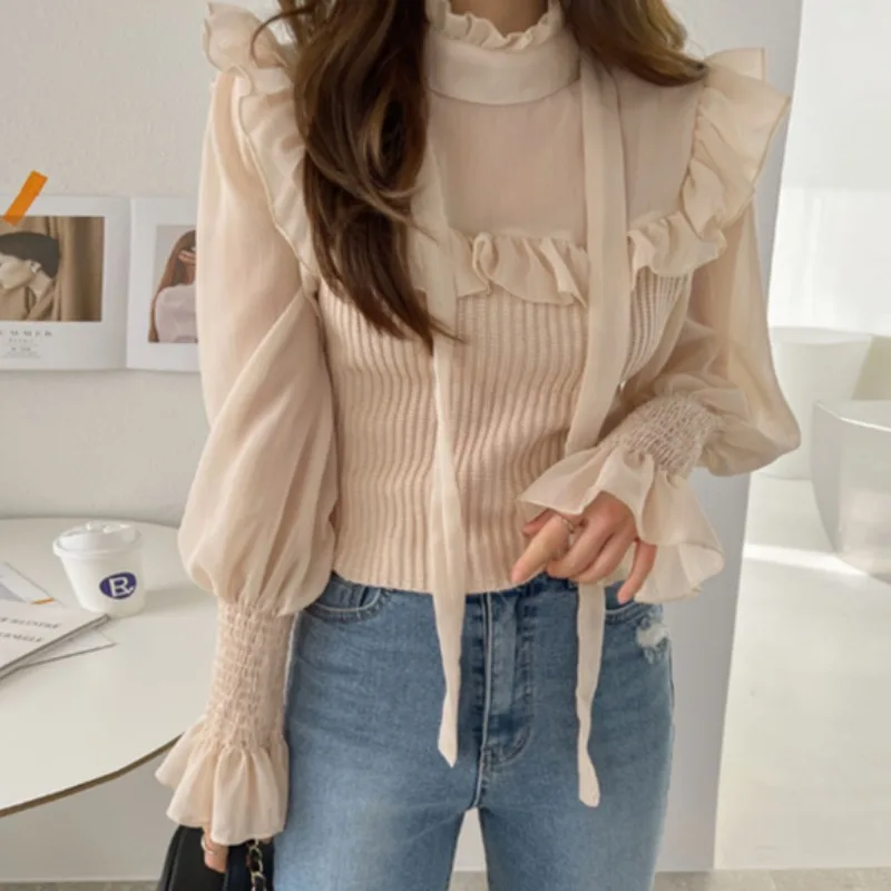 

WDMSNA Chic Chiffon Stitching Knitted Blouse Women Elegant Stand Collar Ruffles Blusas Lace-up Flare Sleeve Ladies Shirt Autumn