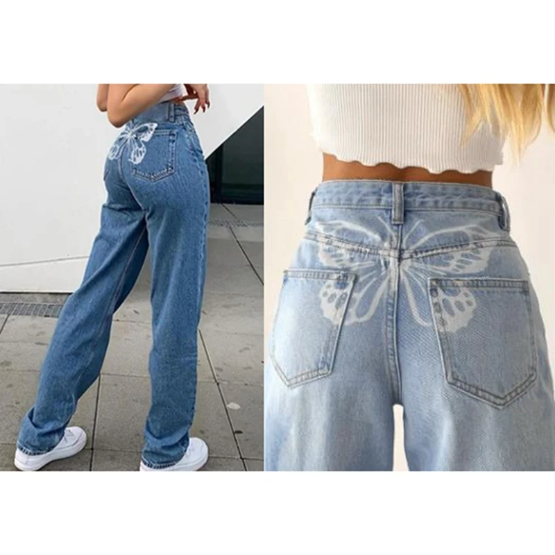

Women's Big Butterfly Print Drape Straight Jeans Women's Casual Pants