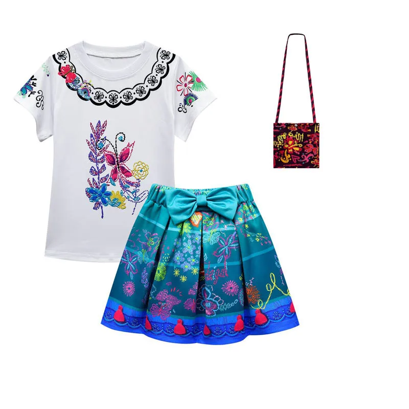 

Encanto Kids Clothes Sets Girls Mirabel Cosplay Costumes Short Sleeve T-shirt Skirt Bags 3pcs Baby Children Birthday Clothing