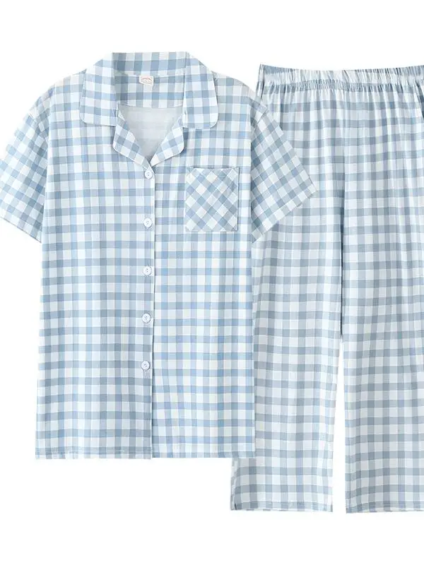 Укороченные брюки с короткими рукавами женские летние хлопковые клетчатые