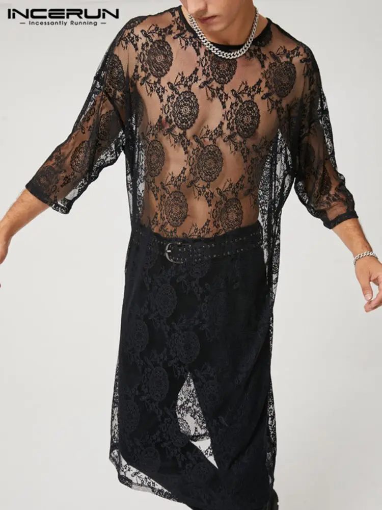 

Футболка мужская сетчатая составного кроя, прозрачная, с круглым вырезом и рукавом до локтя