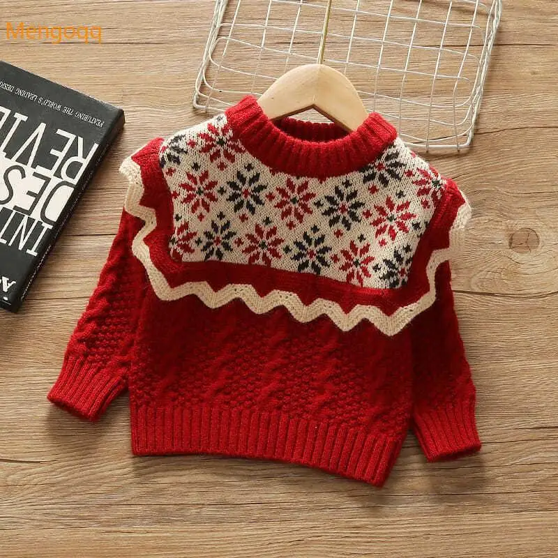 

Mengoqq Children Princess Autumn Winter Full Sleeve Flower Ruched Knitting Top Sweater Kids Baby Girls Bottoming Clothing 18M-7Y