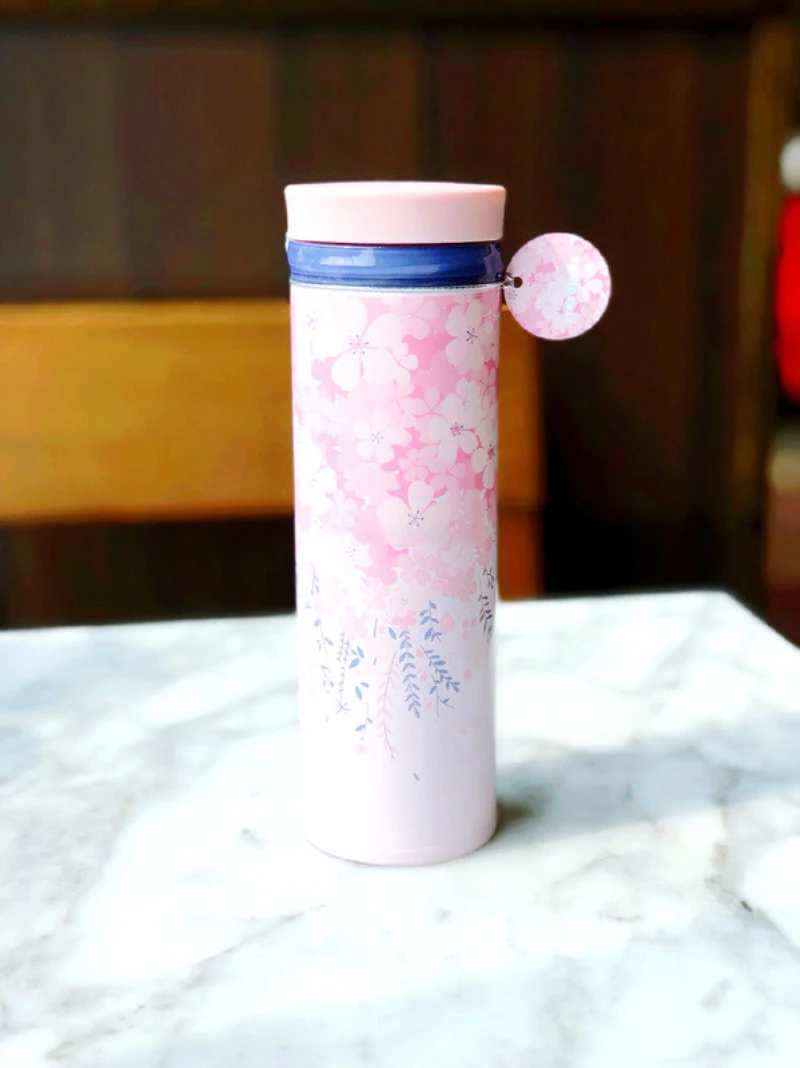 

Japanese Style Sakura Lavender Pink Coffee Cup Cherry Blossom Flat Cover Stainless steel Outdoor Sport Accompanying Cup 500ML