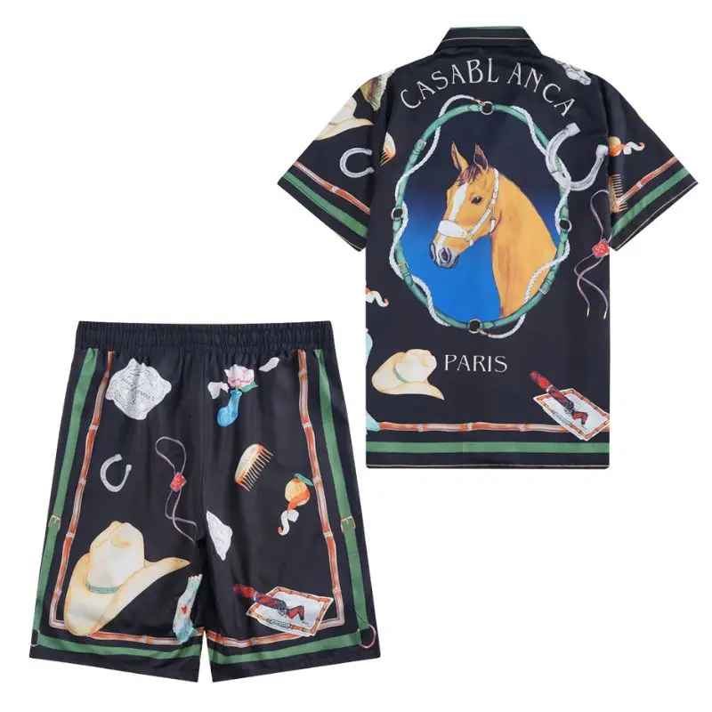 

Y2K Stock Casablanca Shirts Handbag Jewelry Print Horsehead Belt Casa Letter Print Short Sleeves Loose Men Women Hawaiian Shirt