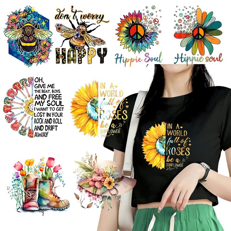 

Sunflower Floral Heat Transfer T-shirt DIY vinyl stickers Retro bee guitar alphabet print Fashion women's clothing stickers