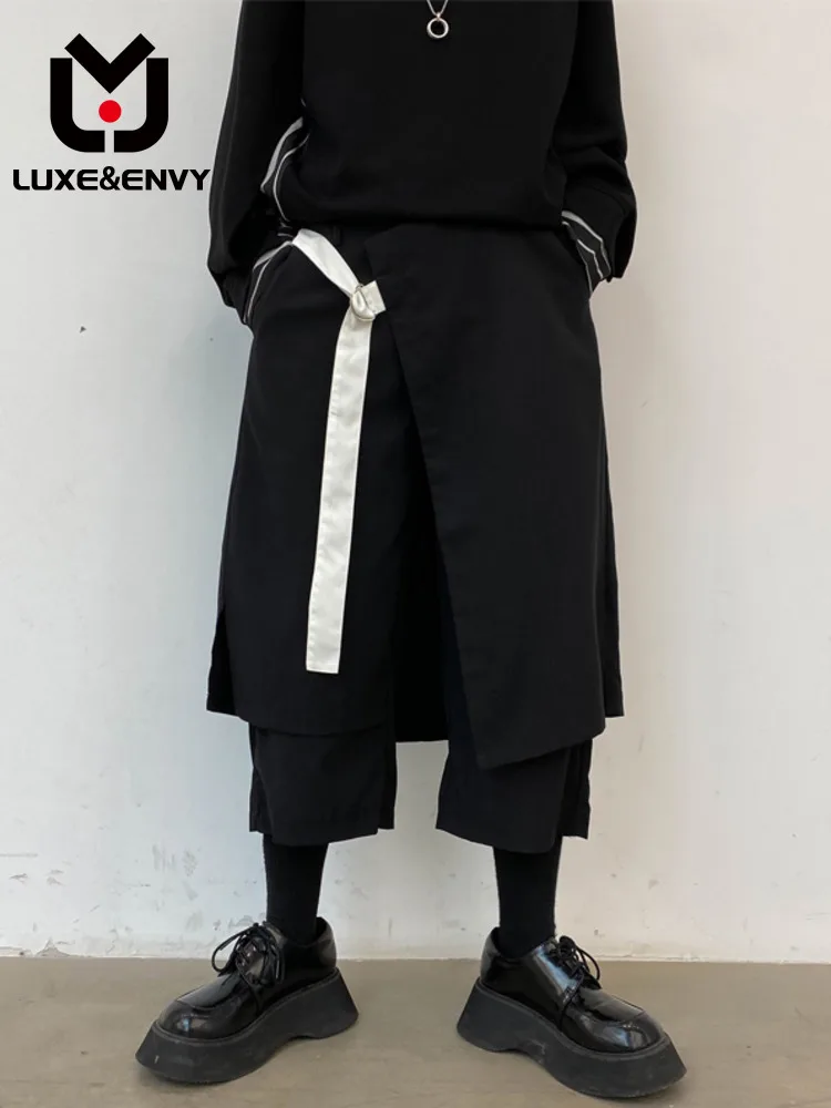 

LUXE&ENVY Dark Small Style Stylist Personalized Ribbon Contrast Asymmetric Straight Capris Men's Pants Spring Summer 2023 New