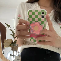 cute retro lattice flower bracket phone case for iphone 13 12 11 pro max mini xr xs 7 8 plus se holder len protection back cover
