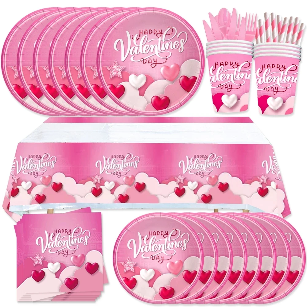 

День Святого Валентина, искусственная розовая одноразовая посуда, набор бумажных планшетов, украшение