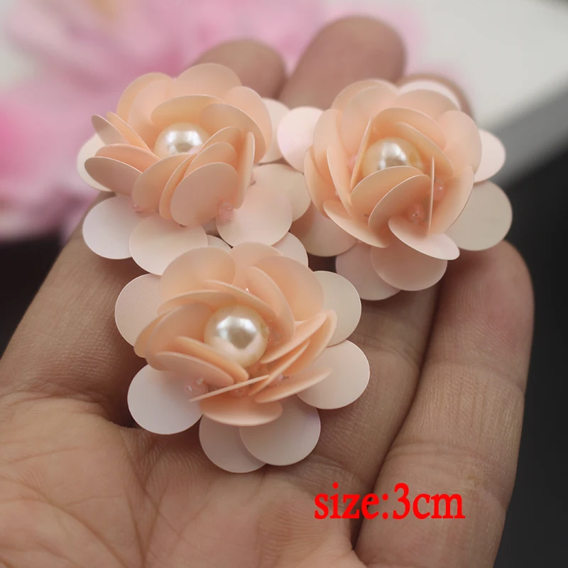 

10pcs pink 3D handmade sequin flowers patches for clothing wedding shoes flower patches DIY sewing embroidered patches 3cm
