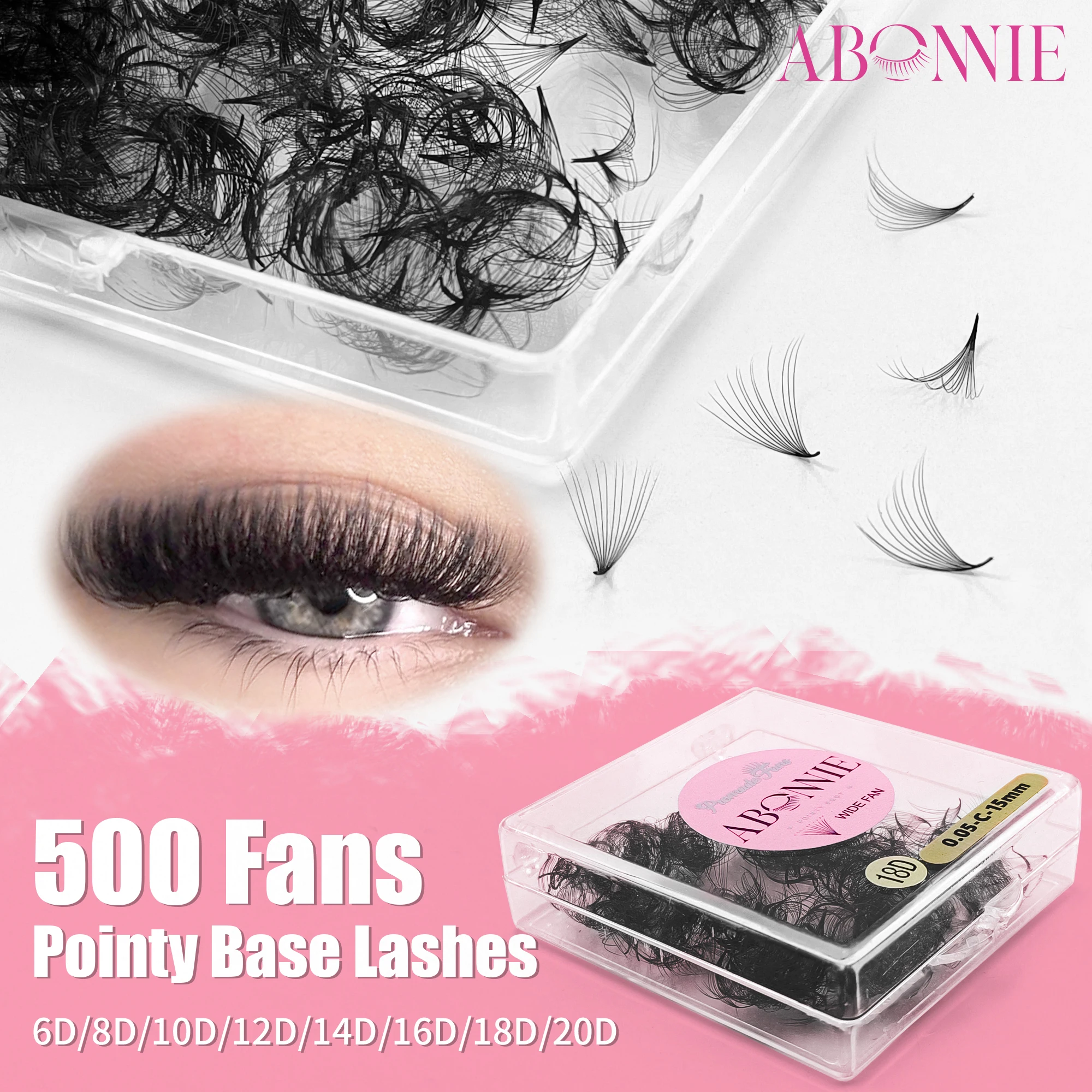 Фото Накладные ресницы ABONNIE Wide Pre Made Fans 8D-20D, 8-18 мм, с заостренным основанием, готовые объемные пучки, средний стебель, тонкие, для русского объема №1