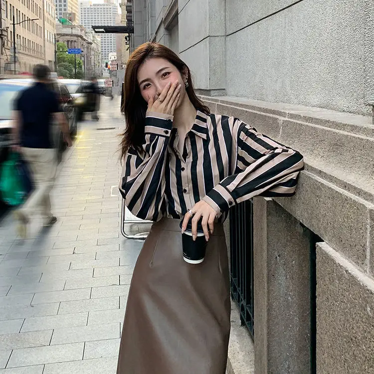 

2022 Spring Autumn Women Striped Blouse Female Long Sleeve Slim Cotton Casual Work Shirts Office Lady Button Tops C8