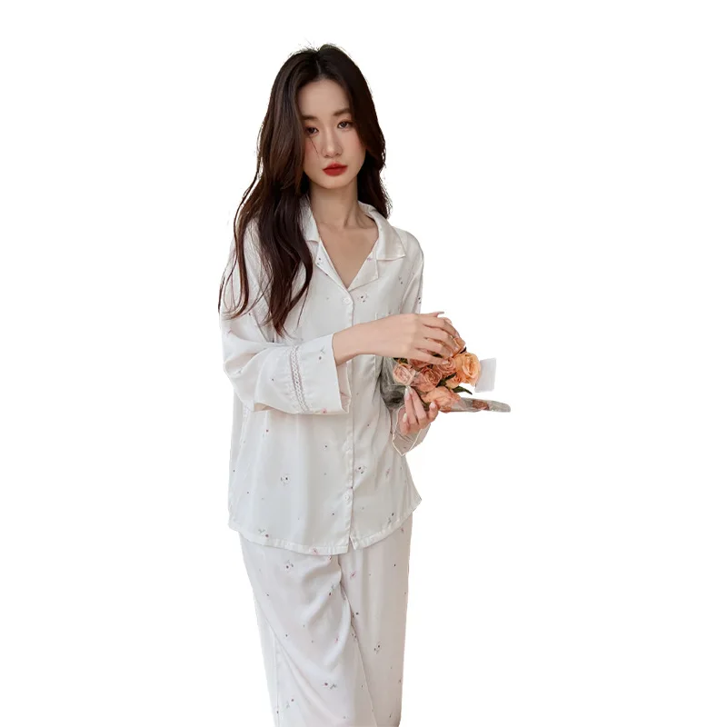 Spring and Summer Pajamas WomenJasmine Garden Lace Long-sleeved Trousers Loose Home Service Suit Breathable and Comfortable Suit