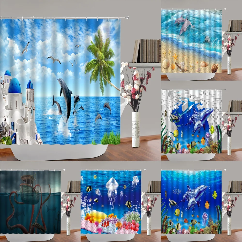 

Ocean Underwater World Dolphin Shower Curtains Jellyfish Octopus Starfish Fish Bathroom Decor Curtain Set Bath Screen With Hooks