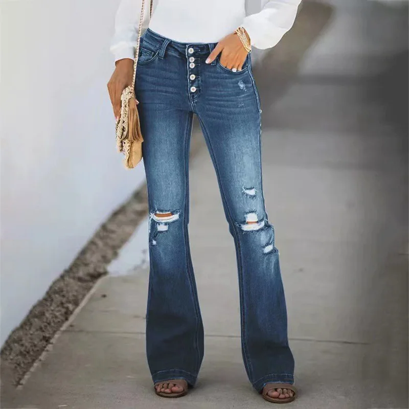 

Women's Jeans Wear Style Ripped Leg Boot-Cut Denim Pants Mid-Waist Bell Bottom Women Women's Jeans Ripped Mid-Waist New