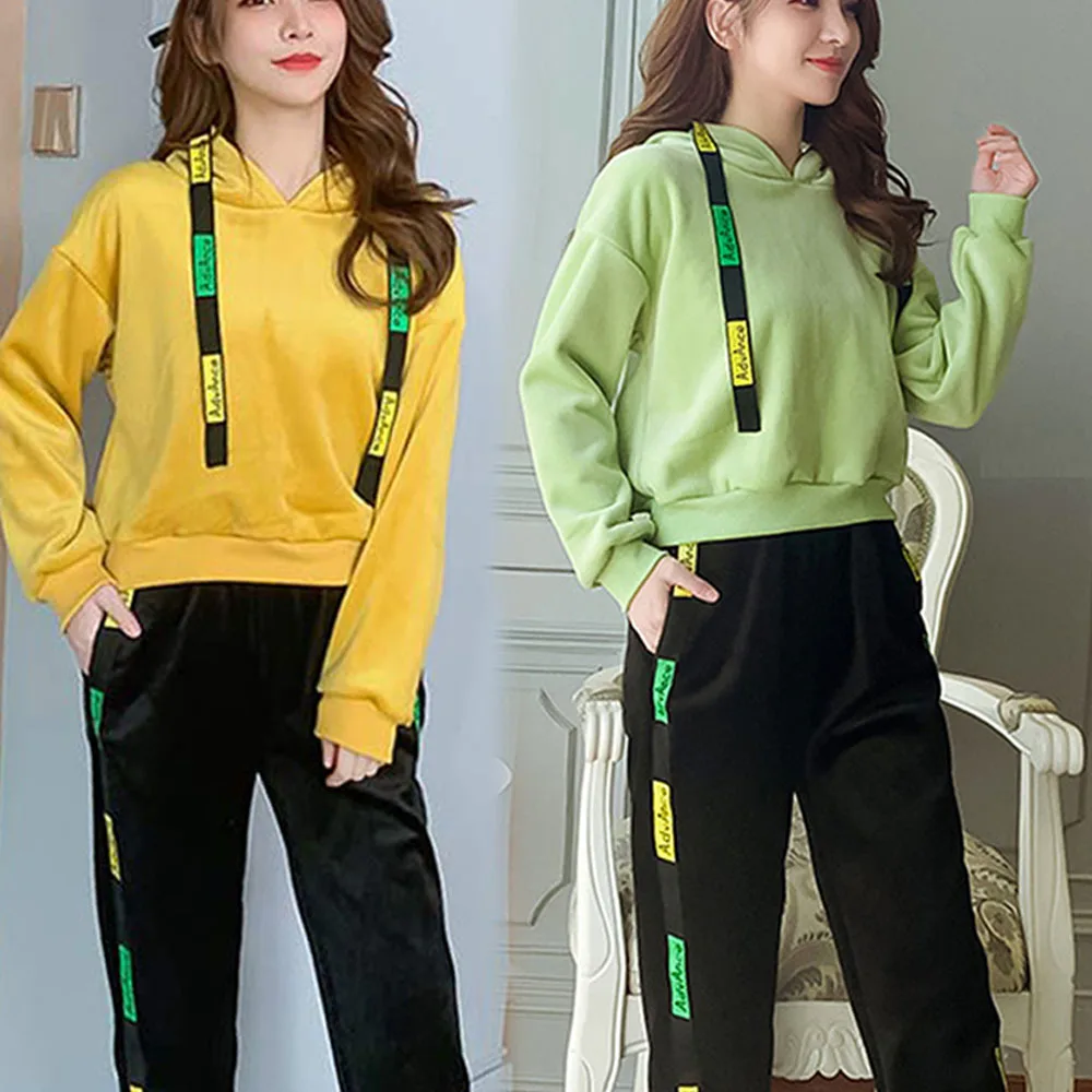 

2022 Autumn Winter New velvet Sports Suit Female Casual Korean Loose Hooded Sweatshirt Women Two Piece Set Top And Pants