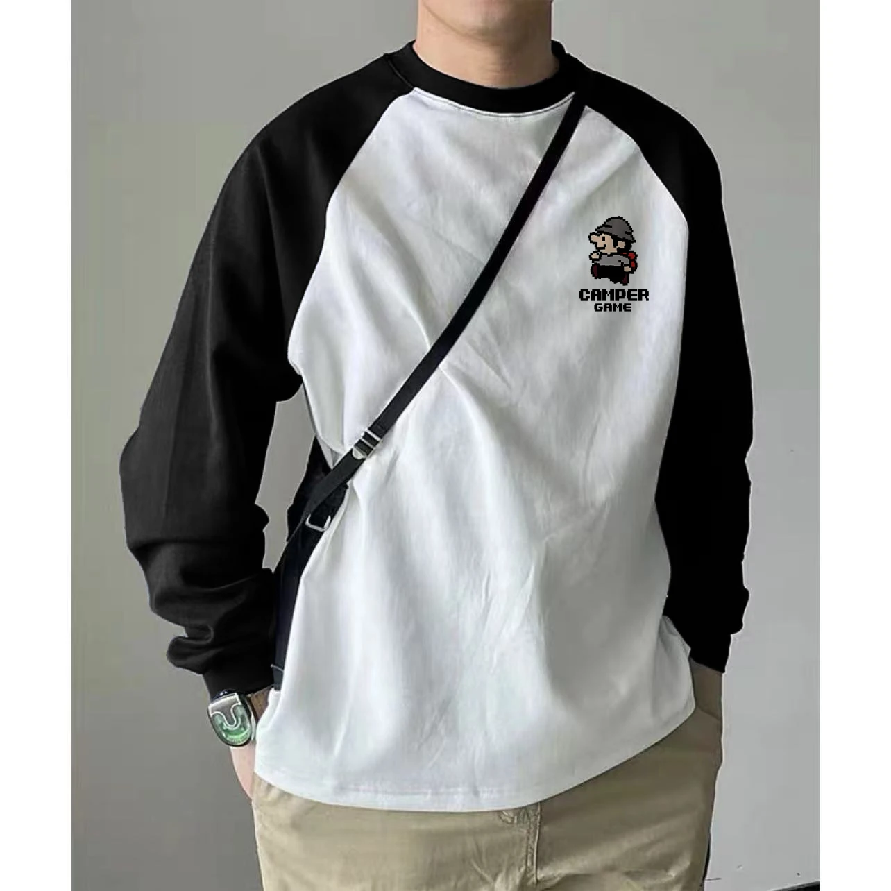  Cartoon Raglan T-shirt Long sleeve Male Couple Casual Inner wear Bottoming Shirt American vintage Contrast Color