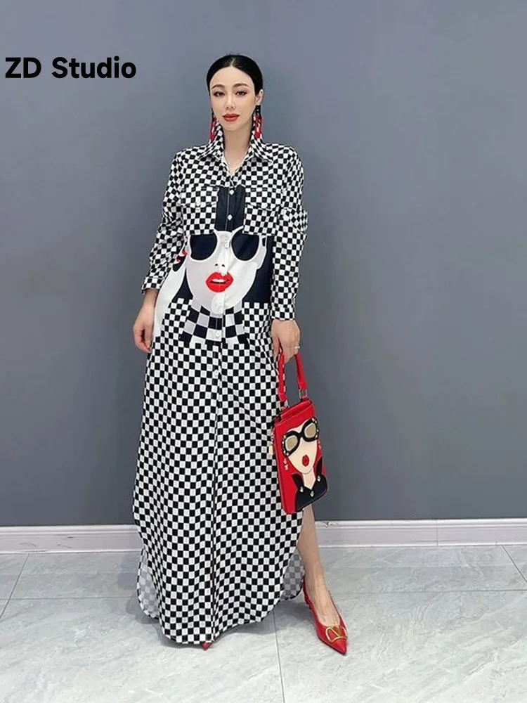 

[ZD Studio] 2023 Summer New Korean Collar Fashion Checker Sunglasses Girls' Shirt Long Dress Women's Wear