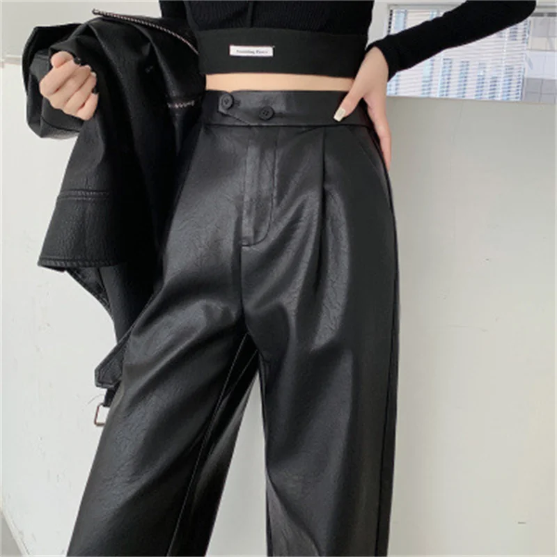 

PU Wash Leather Pants Suit Wide Leg Trousers New Casual Straight High Waist Baggy Pants Y2k Fashion Loose Pants