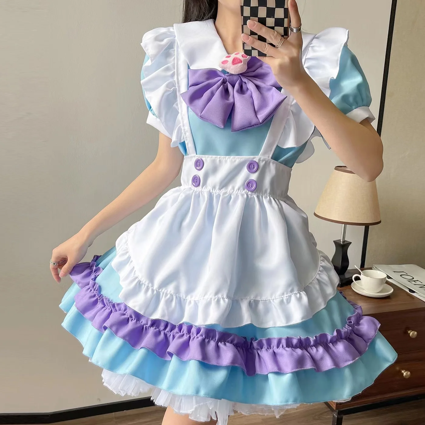 

Lolita Dress Cute Pink Ruffle Maid Outfit Kawaii Bow Knot Dress Japanese Girl JK Cosplay Costumes Lolita Daily Uniform Party