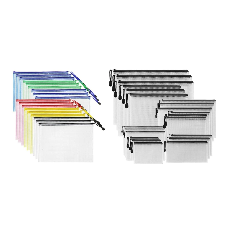 

18Pcs Plastic Mesh Zip Document Holder, Letter Size Waterproof Document Pouch & 21Pack Zipper Pouch(7 Sizes)