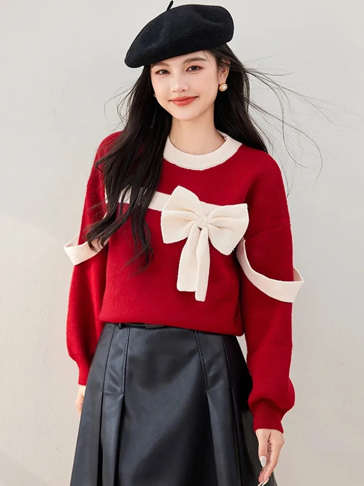 Женский Вязаный Пуловер С Круглым Вырезом Топ Бантом Повседневный Свитер