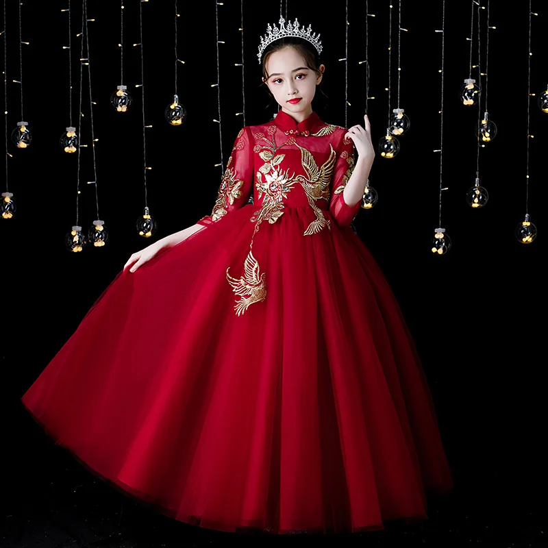 Red Children'S Evening Dress Girl Princess Dress Little Girl Host Stand Collar Performance Children'S Dress