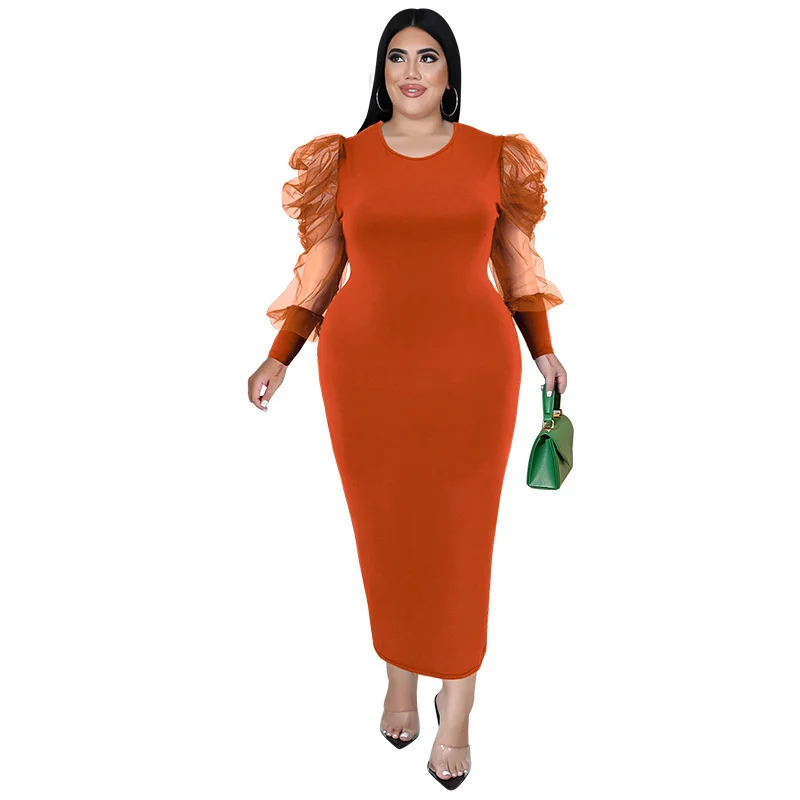 2022 Plus Size New Solid Color Tight Long Dress Party Style Round Neck Mesh Panel Bubble Sleeve Elegant Women's Tight Dress