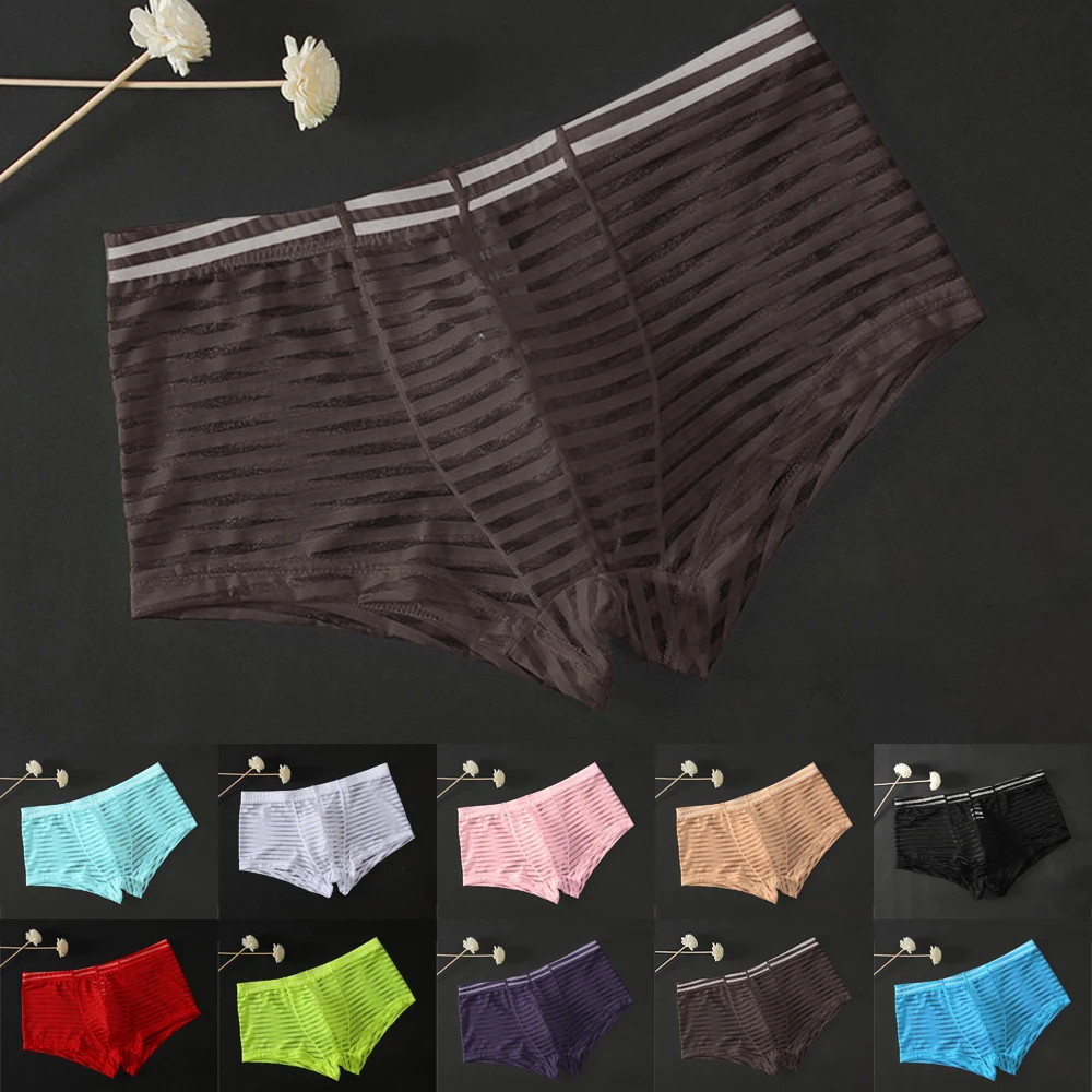 

Men's Sexy Underwear Mesh Full Transparent Boxer Briefs Low-waisted Underpants Briefs See Through Striped Male Seamless Panties