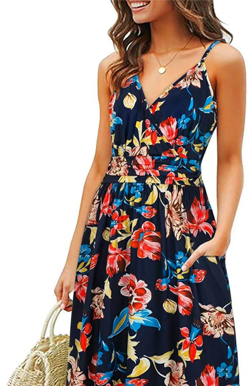 

Ladies Print Sling Summer Dress 2022 Loose Pocket V-Neck Dress Women Beach Flower Dress Vestidos 7A017