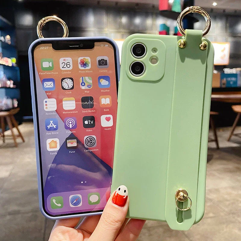 

TPU Cover For iPhone 11 12 Pro Max X XR XS Max Wrist Strap Phone Holder Soft Plain Color Cover For iPhone 8 7 Plus SE Case