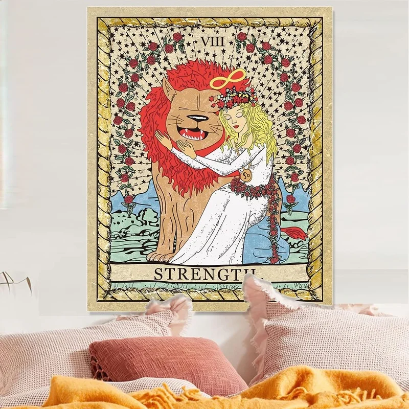 

Small Tarot Tapestry for Bedroom Wall Decor, The Lion and the Smart Girl Unique Vintage Hanging Art for Home Decoration