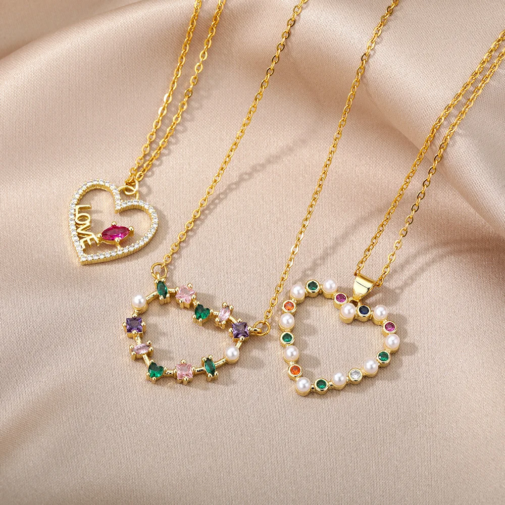 

Hollow Colorful Zircon Pearl Heart Necklace For Women Stainelss Steel Gold Chain Romantic Lover Choker Jewelry Wedding Gift