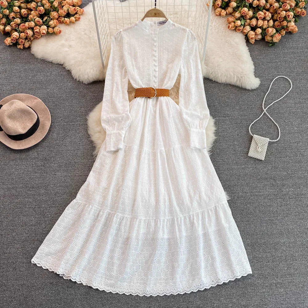 

YIZZHOY Spring Autumn New Women Stand Collar Bubble Sleeve A-line Dress Female Fashion Casual Hollow Out Single Breasted Dresses