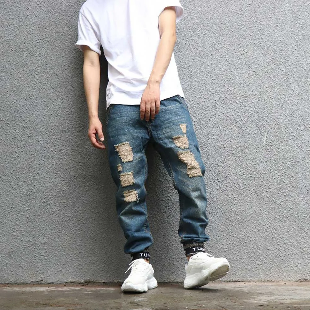 Новые модные рваные джинсы Мужские повседневные потертые джинсовые брюки