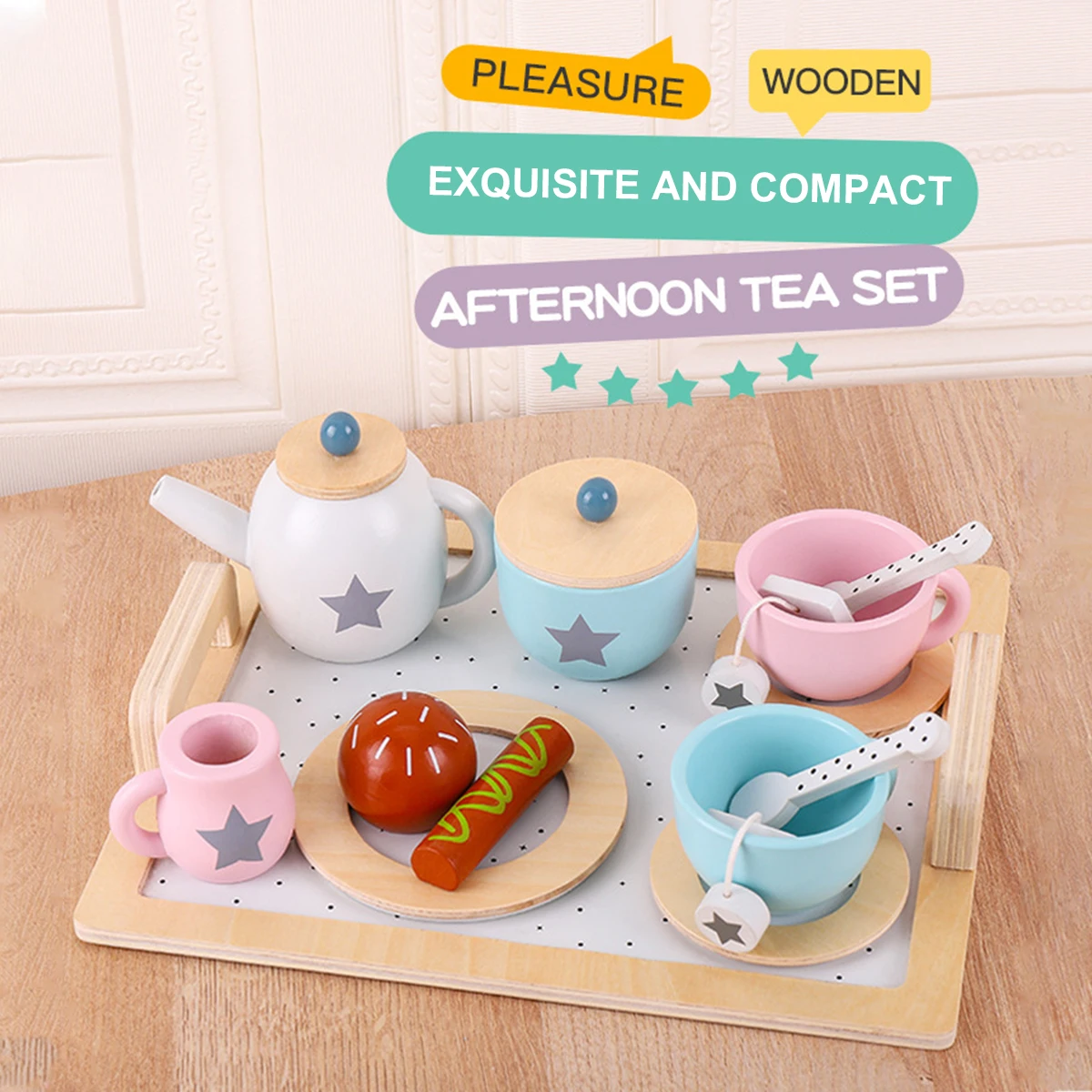 

Educational Tea Party Set Pretend Tea Toy for Kids 15Pcs Afternoon Tea Set Toy Roles Play Wooden Simulation Early
