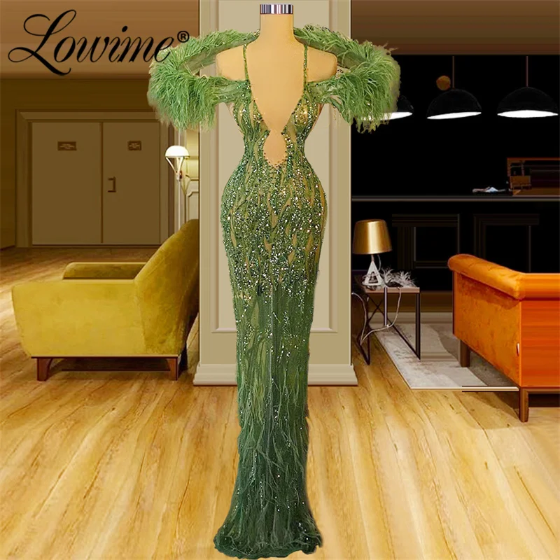 

Lowime Green Feathers Beaded Vestido De Noche Formal Occasion Dresses 2022 See Through Mermaid Evening Gowns Party Dress Custom