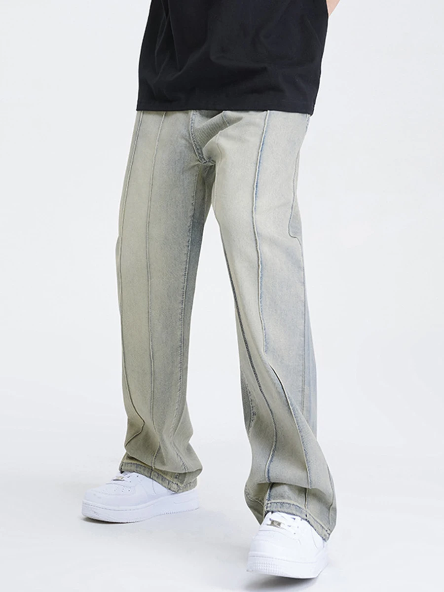 Four Seasons Men's Jeans American High Street Yellowing Ins Loose Stitching Wide Leg Pants Fashion Streetwear Ins Hot Sale JEANS