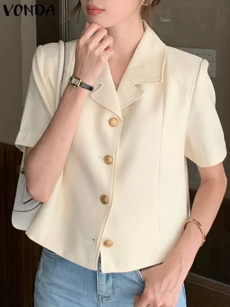 

Женская блузка 2022 VONDA, сексуальная Элегантная блузка с коротким рукавом для вечеринки, женские повседневные рубашки с пуговицами в офисном ...