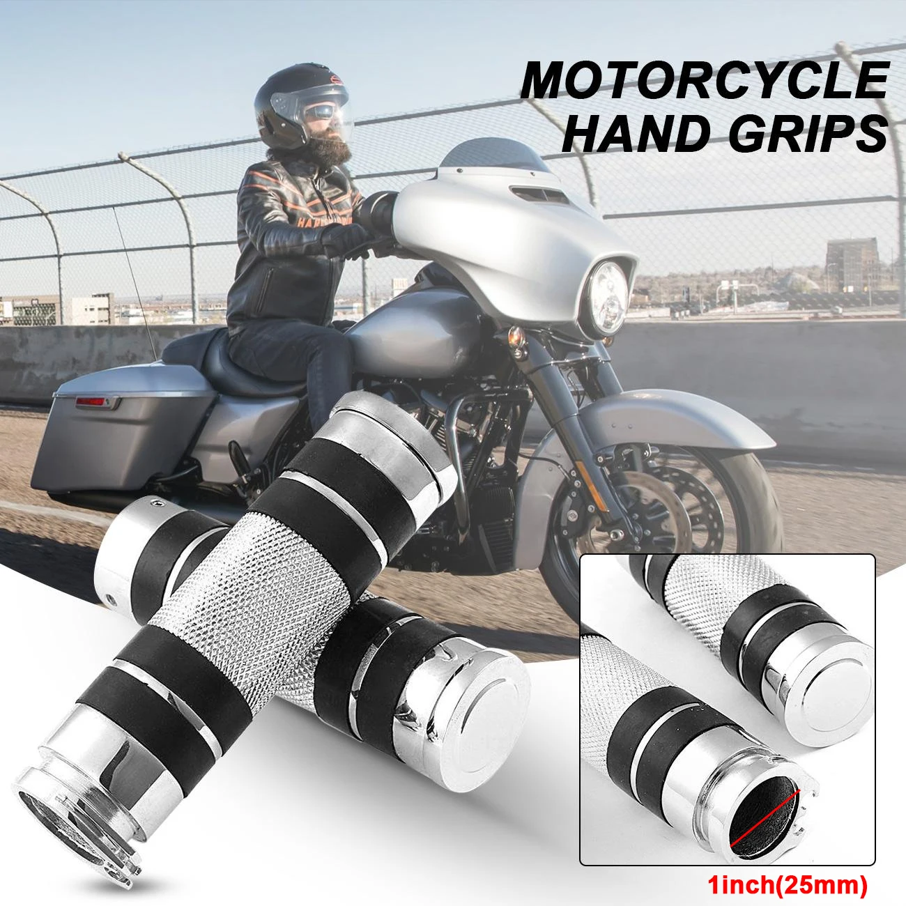 

1inch Silver Chrome Aluminum Motorcycle Hand Grips for Honda Yamaha Suzuki Kawasaki Harley with 1" Handlebars