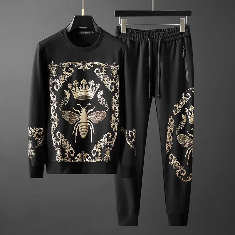 

station light luxury European round neck sweater men's autumn bee crown hot diamond printing two-piece suit fashion