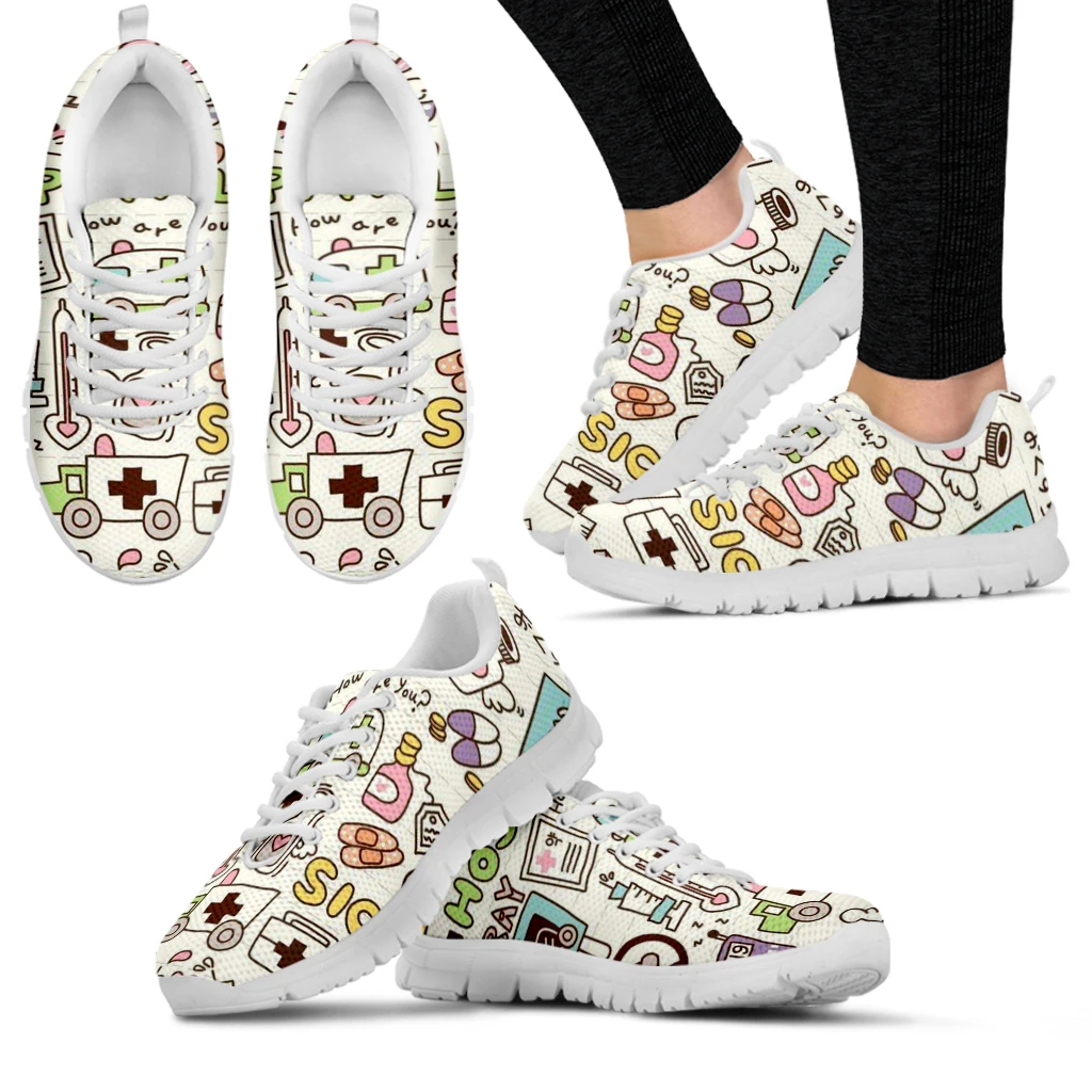 

INSTANTARTS Spring Nurse Flat Shoes Women Cute Cartoon Nurses Printed Women's Sneakers Shoes Breath Mesh Flats Zapatos De Mujer