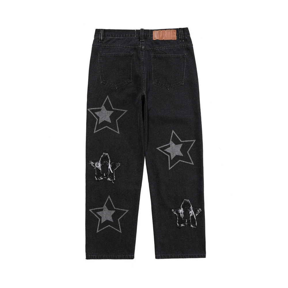 Hip Hop Wide Leg Ripped Jeans Streetwear Men Women Black Jean Frayed Star Baggy Pants Y2k Pantalones De Hombre Loose Cargo Pants