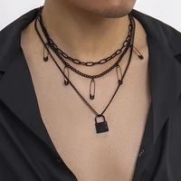 lacteo punk black lock paper clips pendant necklaces set for women men hip hop multilayer chain necklace jewelry accessories