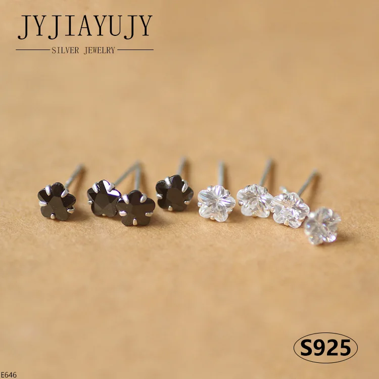 JYJIAYUJY 100% Sterling Silver S925 Stud Earrings 4MM/5MM Black White Flower Zircon Fashion Hypoallergenic Jewelry Gift E646