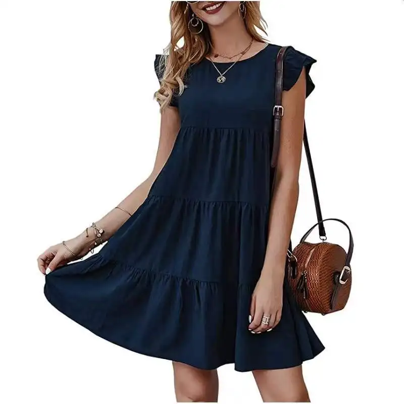 

2022 Summer New Solid Color Round Neck Short-Sleeved Dress Casual Cake Skirt Pleated Skirt