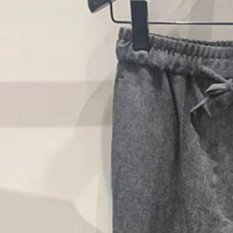 

Women Wool Blends Gray Wide Trousers Loose Elastic Waist Casual Female Straight Long Pants