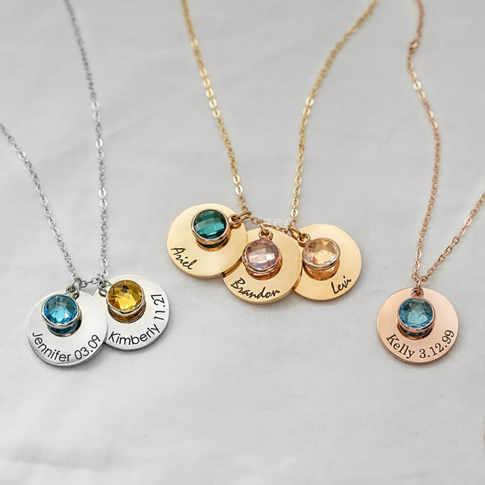 

Mini-World Classic Round Pendant Custom Carved Name Date ID Necklace Exquisite Birthstone Charm Necklace Birthday Gift For Women