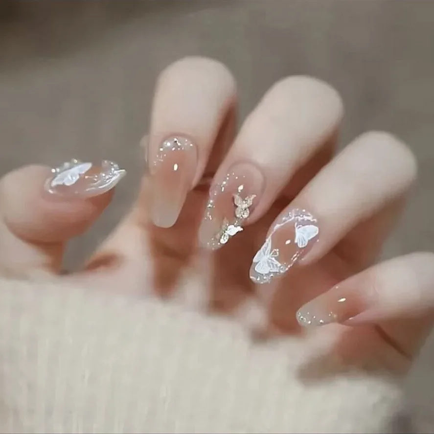 

24 Pieces Full Set of False Nails Butterfly Dancing Flying French Butterfly Short Nails Coffin Short False Nails Pressing
